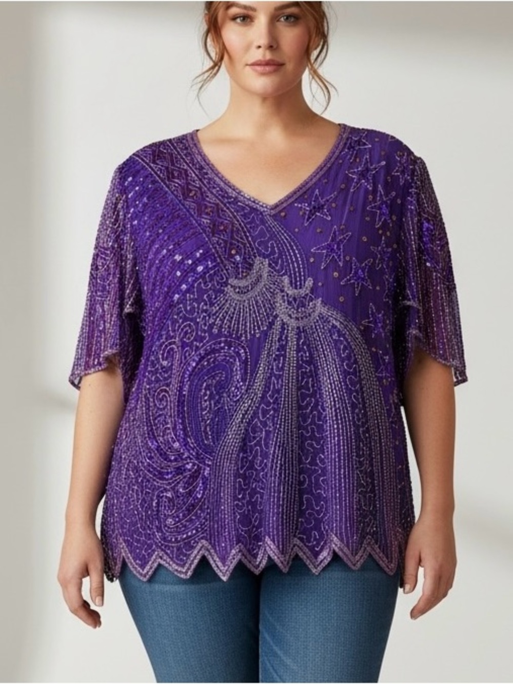 Vintage Kraftsman Pure Silk Beaded Sequin Top Purple Made In India Size 18